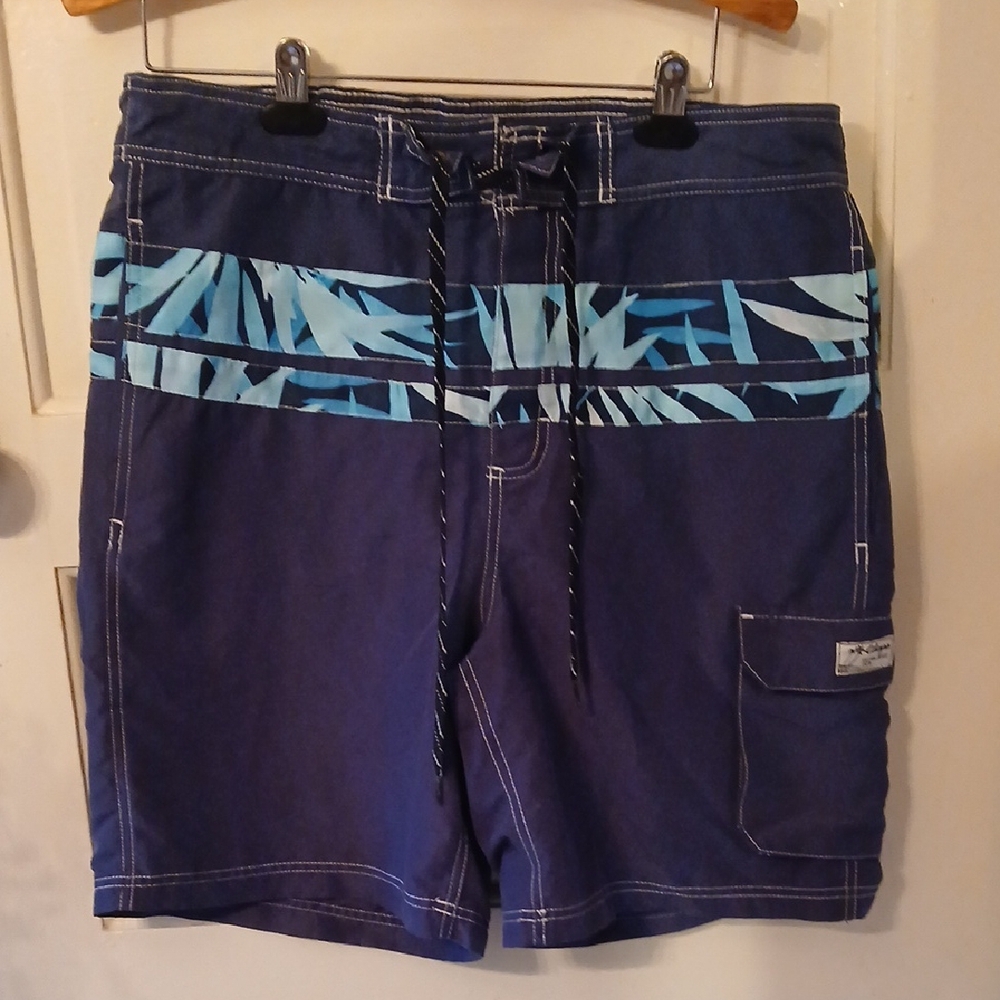 Chaps Navy Swim Shorts with Aqua Pattern
